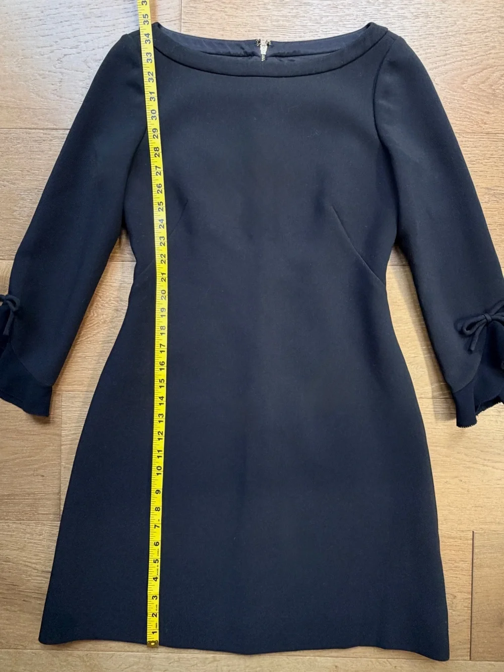 Kate Spade Bow Sleeve A-Line Ponte Knit Mini Dress Black Gold Zipper LBD Wms 2